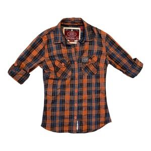 Superdry Co Womens Orange Blue Plaid Button Down Roll Tab Shirt Size Medium